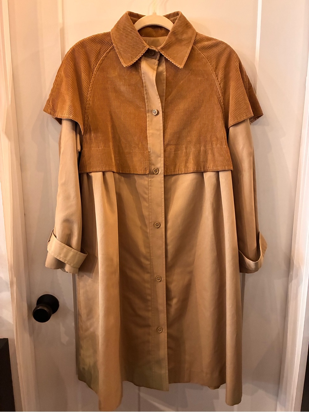 Women's Two-Tone Tan Trench Jacket with Corduroy Yoke